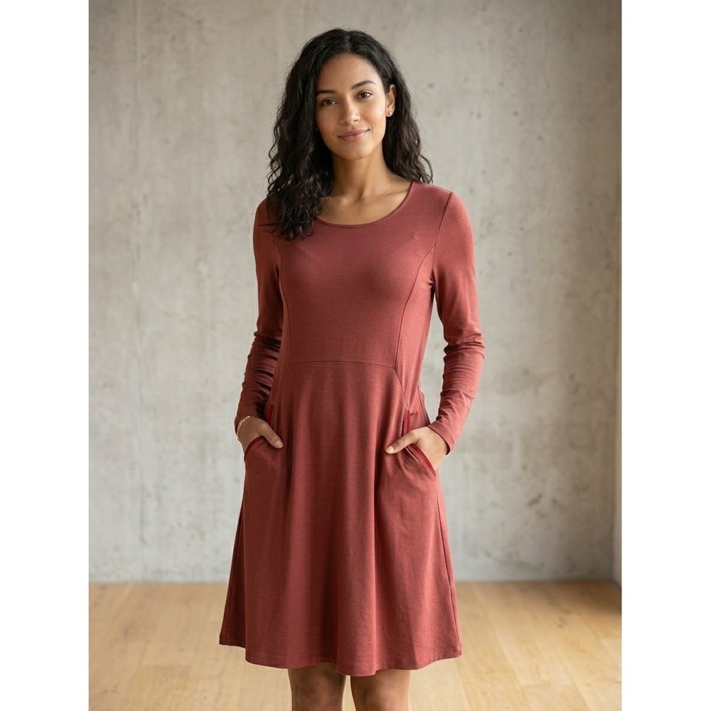 Garnet Hill Women's Terracotta Red Tencel Knit A-Line Long Sleeve Dress Small